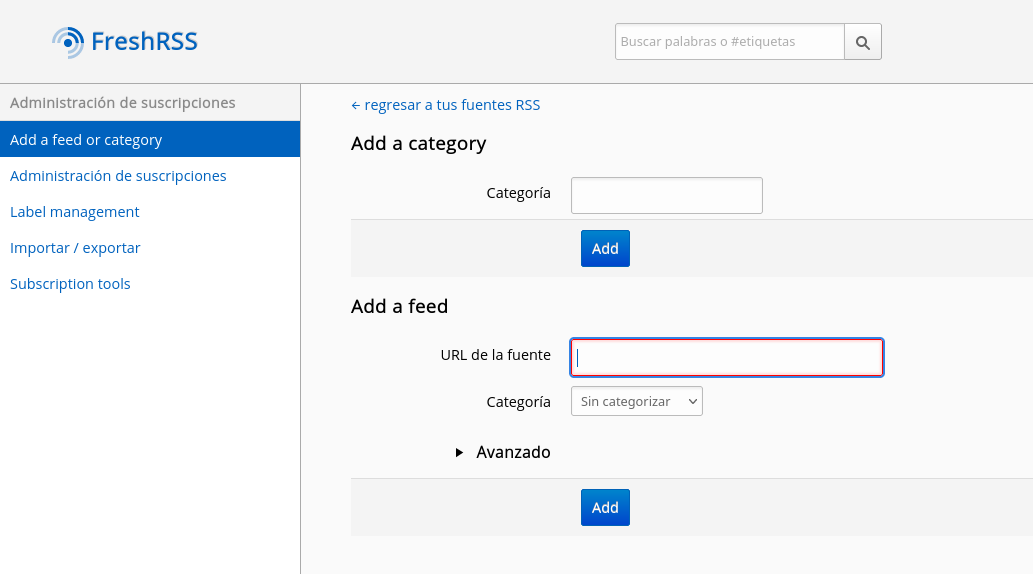 Agregar un feed en FreshRSS
